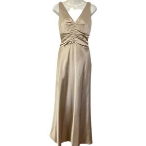 Laundry Shelli Segal Womens Satin Formal Babydoll Y2K V Neck Midi Dress Beige 8